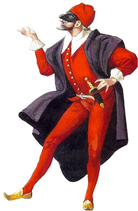 Entre as outras figuras nas encenações aparecia o Pantaleão, um comerciante avarento e desajeitado que era patrão dos serviçais e vivia sendo debochado por eles. Havia ainda o Doutor, um intelectual exibicionista, e o Capitão, oficial que fingia valentia, entre outros
 Reprodução: Flipar