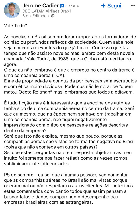 Jerome Cadier, CEO da Latam Airlines, criticou trama da novela. Foto: Reprodução: Linkedin