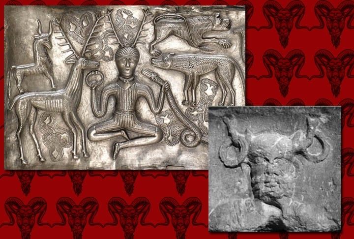 O deus Cernuno é a divindade mais antiga da Mitologia Celta. Embora os chifres sejam de cervos (não de cabras), a  sua representação na pose de lótus inspirou a iconografia de Baphomet Reprodução: Flipar