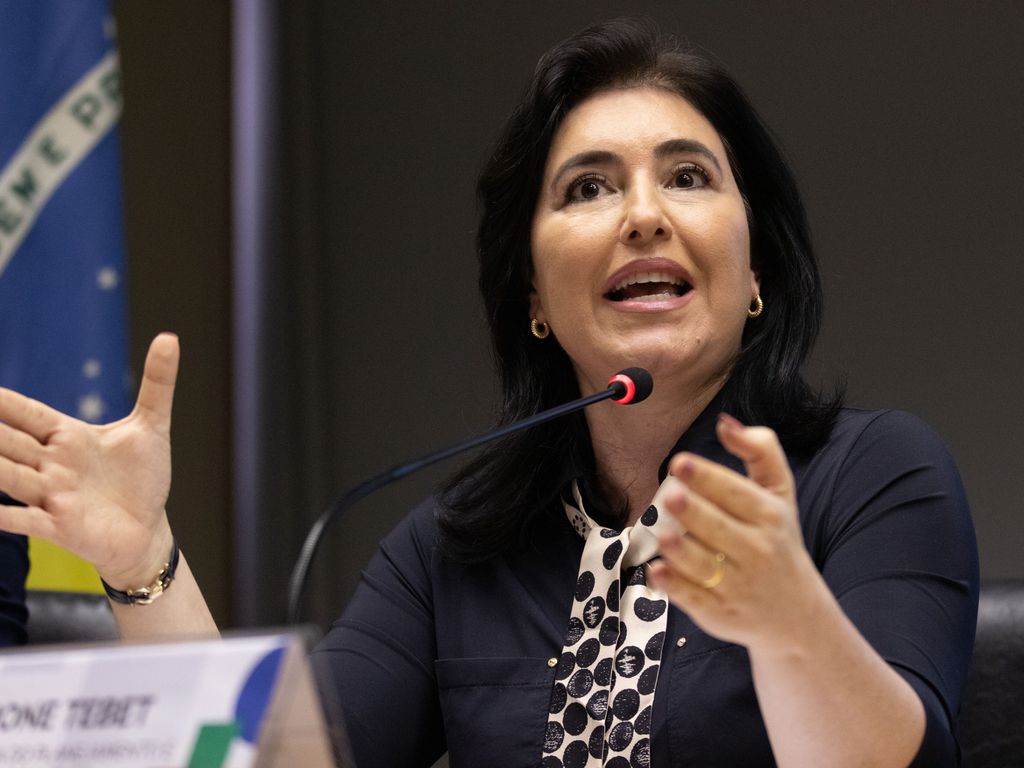 Simone Tebet, ministra do Planejamento e Orçamento, durante apresentação do arcabouço fiscal. Foto: José Cruz/ Agência Brasil - 30/03/2023
