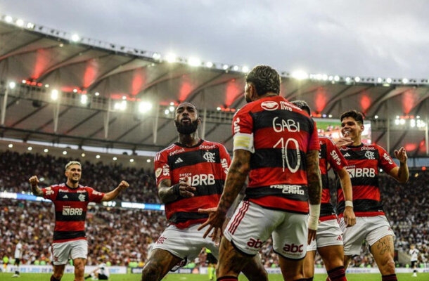 O Flamengo aparece na segunda posição. O rubro-negro marcou 110 gols em 66 jogos, tendo uma média de 1,66 por jogo. Foto: Paula Reis / CRF