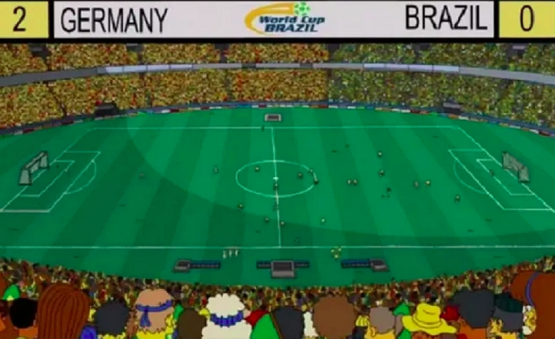 Derrota para a Alemanha na Copa: Na 25ª temporada, exibida entre 2013 e 2014, Homer é chamado para ser árbitro da Copa do Mundo. Em um determinado momento, é mostrado que a Alemanha venceu o Brasil. Pelo menos o placar foi um pouco mais modesto, só 2x0… Reprodução: Flipar