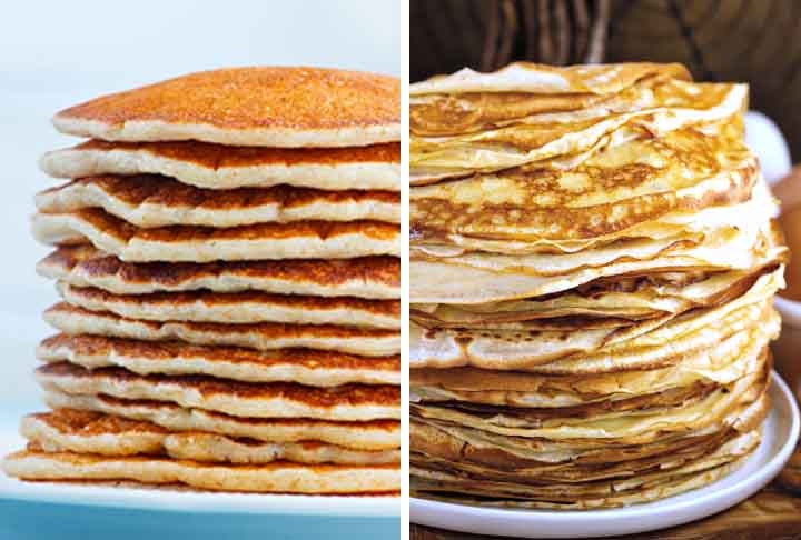 Panqueca: A massa é mais grossa, fofa e leve, geralmente com fermento, o que faz com que cresça e fique mais macia.
Crepe: A massa é fina e lisa, sem fermento, o que a deixa mais delicada e flexível. Reprodução: Flipar