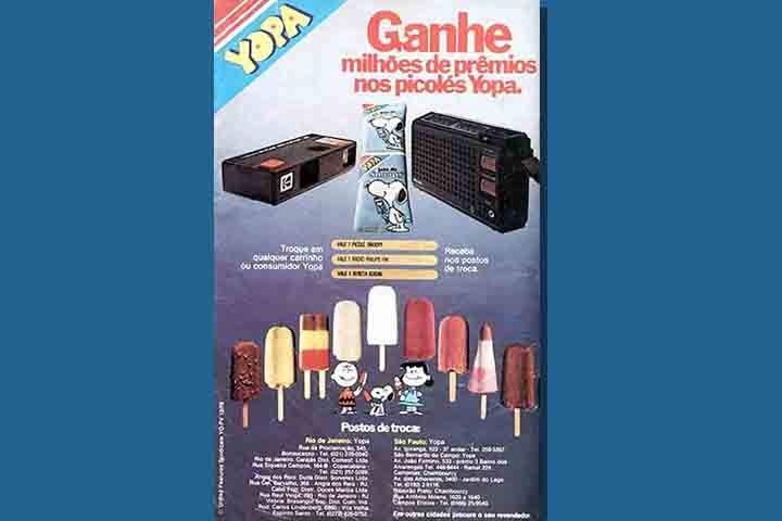 A marca introduziu no mercado linhas inéditas de picolés, como Lolly Pop, Jatos e Cones. Além de ser muito forte no marketing, com promoções especiais valendo o Atari da época, assim como o rádio de pilha. Reprodução: Flipar
