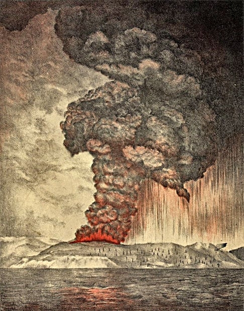 O nome Krakatoa remete à grande tragédia de 1883, quando este vulcão teve uma erupção tão impactante que lançou detritos a 100 km de altura e causou tsunamis até o Canal da Mancha. Ao todo, 35 mil pessoas morreram.   Reprodução: Flipar