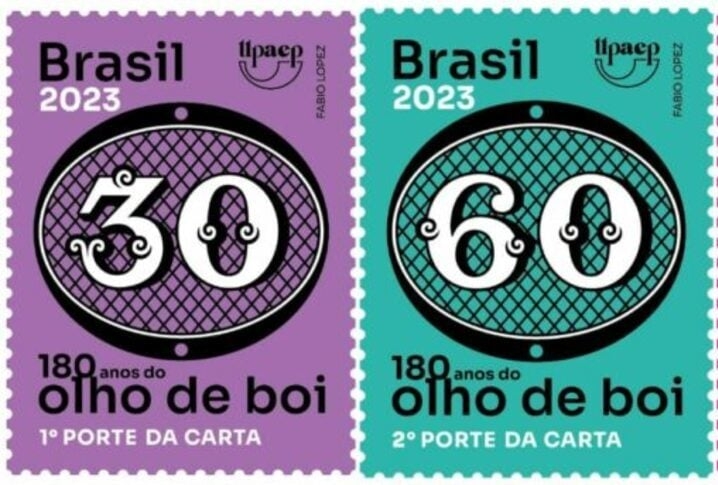 Em 2023, os Correios lançaram uma releitura do selo Olho de boi, que completou 180 anos de lançamento. O artista Fábio Lopez foi o responsável pelo novo design. Reprodução: Flipar