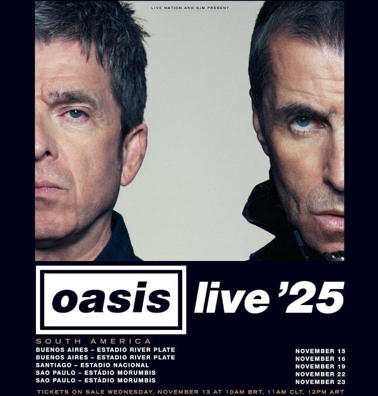 O Oasis, dos irmãos Liam e Noel Gallagher, anunciou duas datas de shows no Brasil da turnê que marca o retorno da banda aos palcos após 15 anos. Argentina (Buenos Aires) e Chile (Santiago) são os outros países sul-americanos incluídos no roteiro dos músicos britânicos.
 Reprodução: Flipar