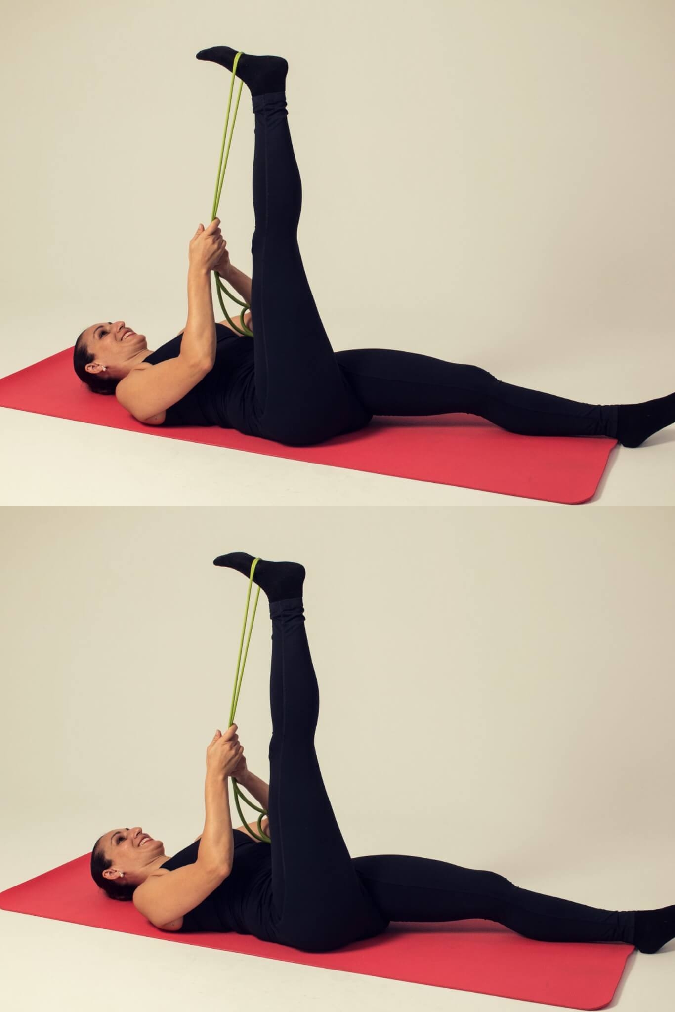 2. Alongamento dos isquiotibiais Deite-se de costas, com uma perna estendida e a outra flexionada para manter a lombar apoiada no solo e de forma confortável. Coloque uma faixa elástica ou uma toalha alçando o pé, puxando na direção do seu rosto, respire profundamente e, ao expirar, estenda lentamente o joelho elevado em direção ao teto. Repita de 8 a 10 vezes, respeitando o limite do seu corpo.  Reprodução: EdiCase