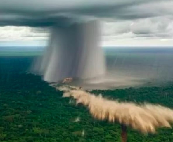 O microburst, também chamado de microexplosão atmosférica, é um fenômeno caracterizado por uma corrente de vento extremamente forte que se desprende de uma nuvem de tempestade e desce com grande intensidade em direção ao solo. Reprodução: Flipar