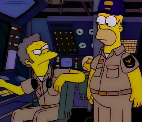 No episódio “Na Onda do Mar”, da 9ª temporada, Homer, Barney e Moe ficam presos em um submarino nuclear durante o que eles imaginavam ser um treinamento para a Marinha. Mas esse nem é o que mais se aproxima da história real… Reprodução: Flipar