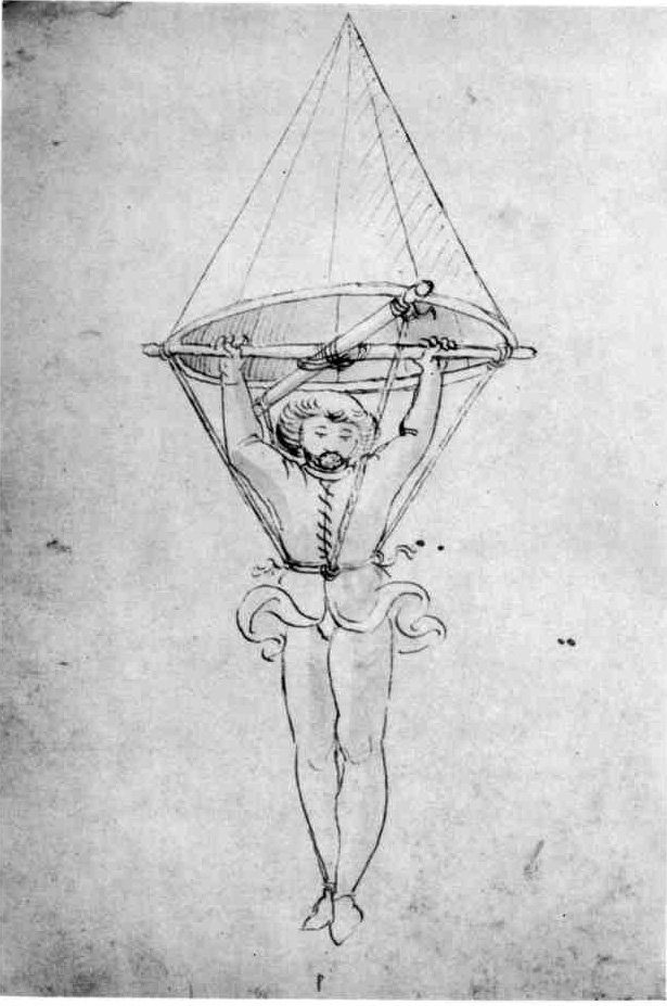 Em 852 d.C. em Córdova, na Andaluzia, um muçulmano chamado Armen Firman, construiu asas para planar, pulando de uma torre. Ele pousou com pequenos ferimentos, graças à sustentação que a sua asa lhe conseguiu dar. Reprodução: Flipar