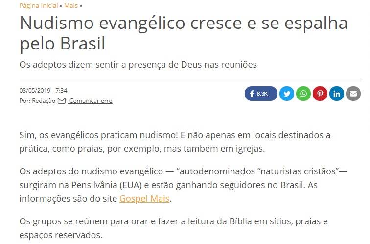 Sites reproduziram fake news sobre nudismo evangélico no Brasil. Foto: Reprodução