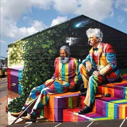 Kobra tem obras espalhadas por 36 países. Nesta imagem, o artista brasileiro retratou o escritor norte-americano Mark Twain ao lado do amigo John Lewis para o Museu Albright–Knox, em Buffalo (EUA).   Reprodução: Flipar