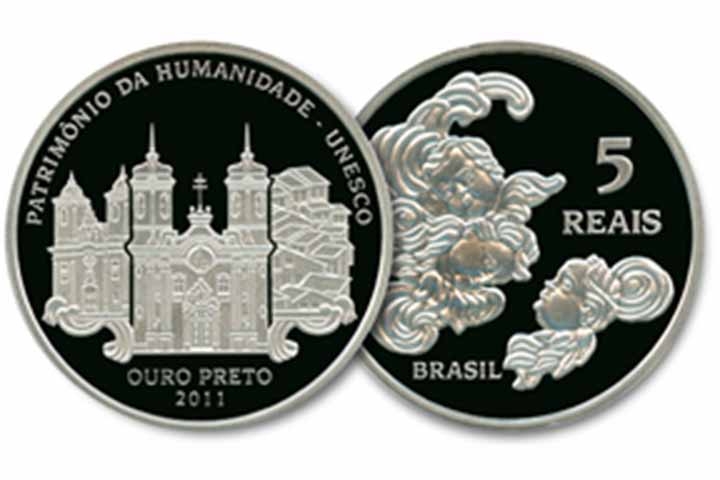 2011: Foram fabricadas 10 mil unidades de moedas de R$ 5 em homenagem à cidade de Ouro Preto, declarada Patrimônio da Humanidade pela UNESCO. Reprodução: Flipar