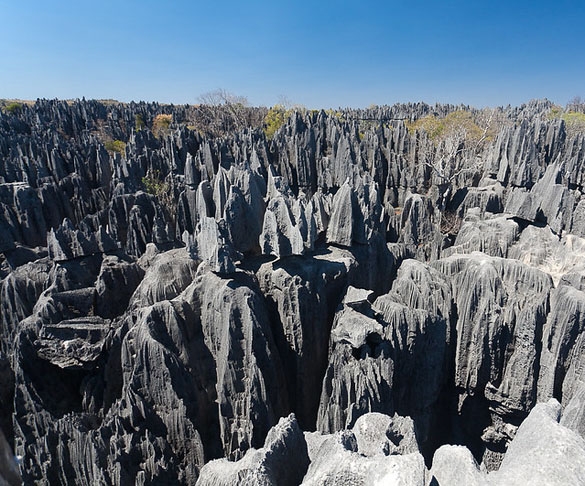  Tsingy de Bemahara (Madagascar) - Este planalto de calcário de 1.500 km² é formado por uma densa floresta, permeada por rochas pontiagudas, esculpidas pela erosão ao longo de milhares de anos, com picos que chegam a 100 metros de altura. Tem várias espécies de pássaros e lêmures característicos da região. 