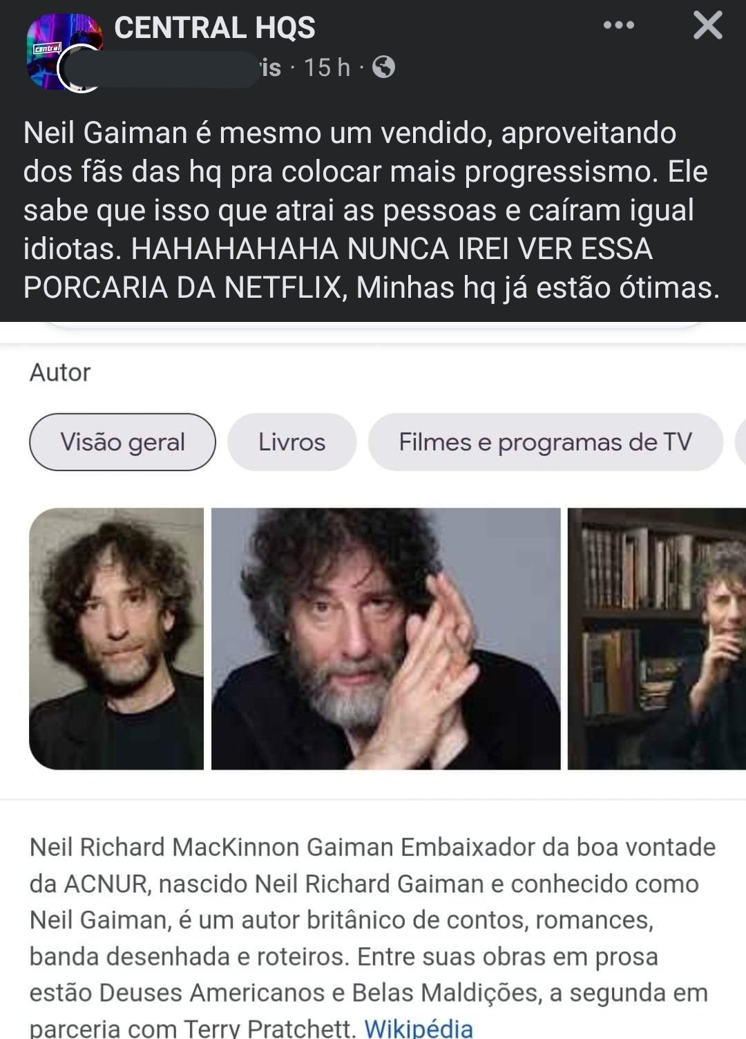 Comentário sobre Neil Gaiman defender diversidade em Sandman, na Netflix.. Foto: Reprodução/redes sociais