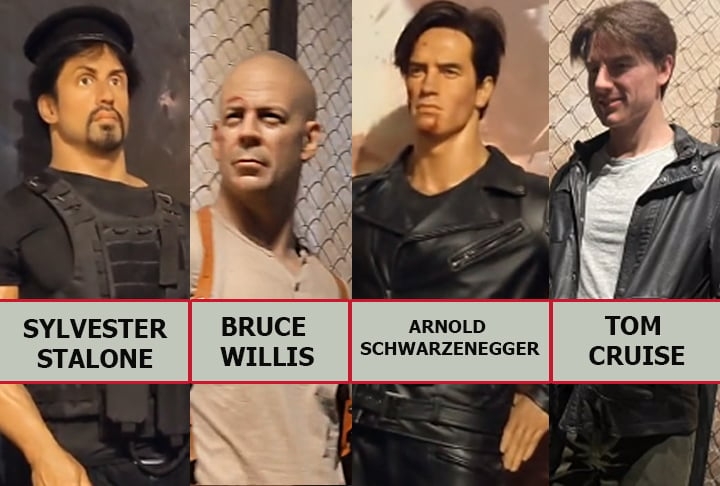 Aqui uma enxurrada de estátuas inspiradas em grandes nomes do cinema de ação. Cá entre nós, o Stallone não parece esses bonecos que quebram fácil? E esse cabelo espigado do Tom Cruise? Fãs...hora de protesto. Bruce Willis tá assim, assim... Mas o Schwarzenegger...é o fim do Exterminador.
