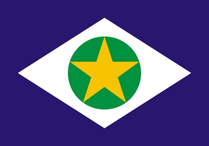 Mato Grosso (MT) - Adoção: 31 de janeiro de 1890. Representação: O verde representa as florestas, o azul a justiça, o branco a paz, e a estrela a capital Cuiabá. Reprodução: Flipar