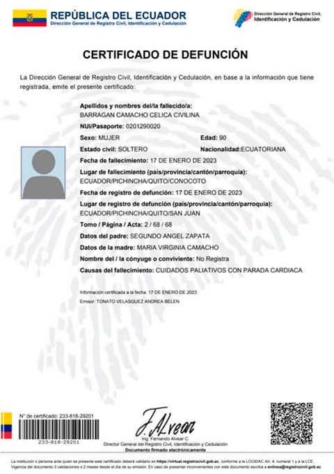 “Eles nos deram até um atestado de óbito”, declarou Gilber Rodolfo Balberán Montoya a veículos de mídia equatorianos. Na foto, ilustrativa, um modelo de atestado emitido pelas autoridades de saúde equatorianas.   Reprodução: Flipar