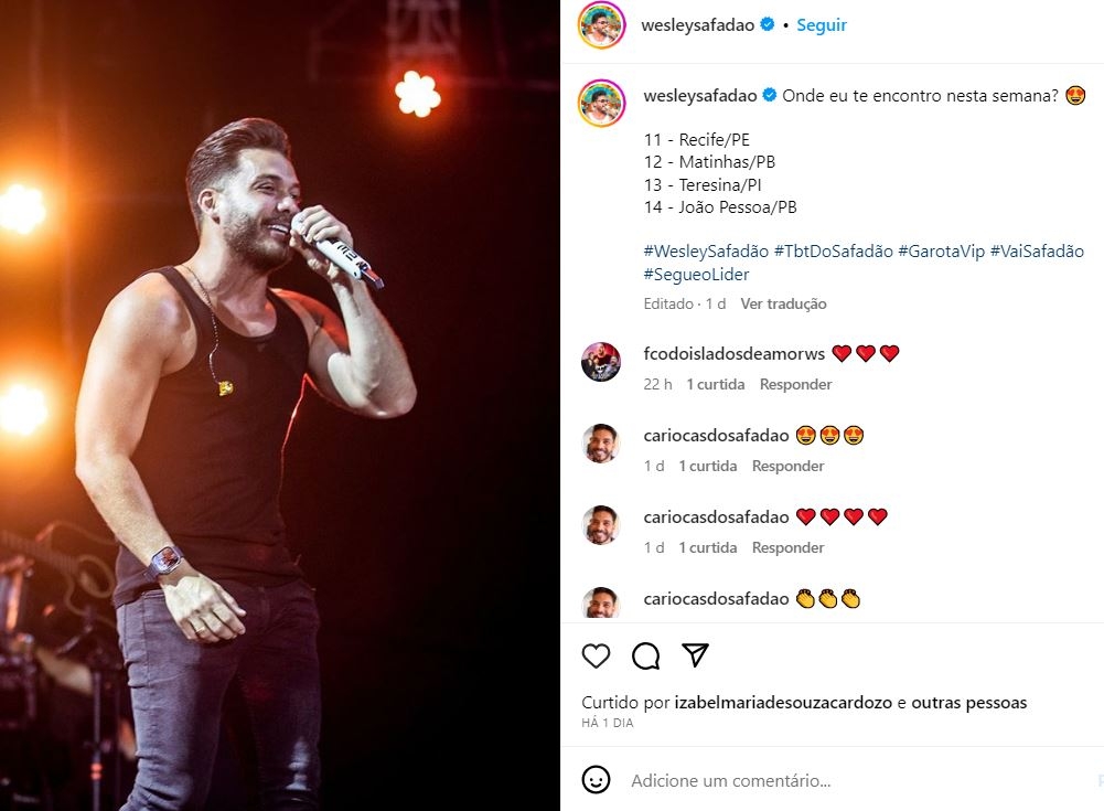 O cantor Wesley Safadão voltou aos palcos. Ele se apresentou no Recife na noite de 11 para 12 de outubro e postou no Instagram uma agenda de espetáculos. 