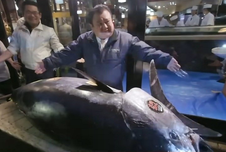 Em 2019, o magnata do sushi Kiyoshi Kimura pagou US$ 3,1 milhões por um atum-rabilho de 278 kg em um leilão em Tóquio, estabelecendo o recorde do peixe mais caro da história. Reprodução: Flipar