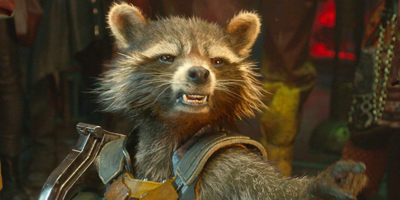 Rocket Raccoon é um personagem do Universo Cinematográfico Marvel que aparece em Vingadores: Guerra Infinita. É um guaxinim antropomórfico, inteligente, estrategista e atirador habilidoso que ganhou destaque nos Guardiões da Galáxia.  Reprodução: Flipar