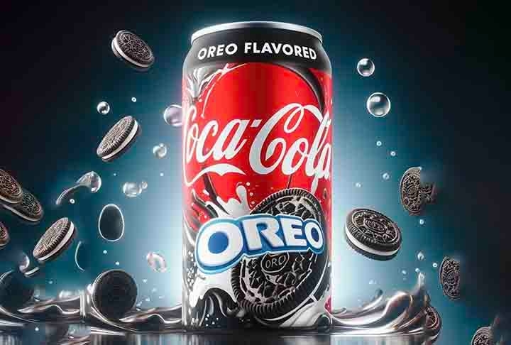 O outro produto da collab é a Coca-Cola Oreo Zero Açúcar, um novo sabor de refrigerante com sabor que remete ao biscoito. 
 Reprodução: Flipar