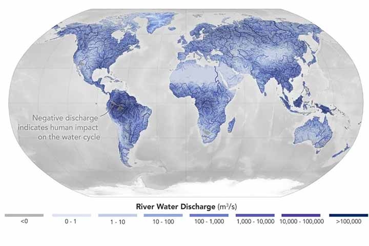 O estudo também quantificou a descarga de água dos rios para os oceanos. Assim, as regiões marcadas em cinza exemplificam o uso intenso de água pelos humanos (mecanismos chamados de ‘impressões digitais’).  Reprodução: Flipar