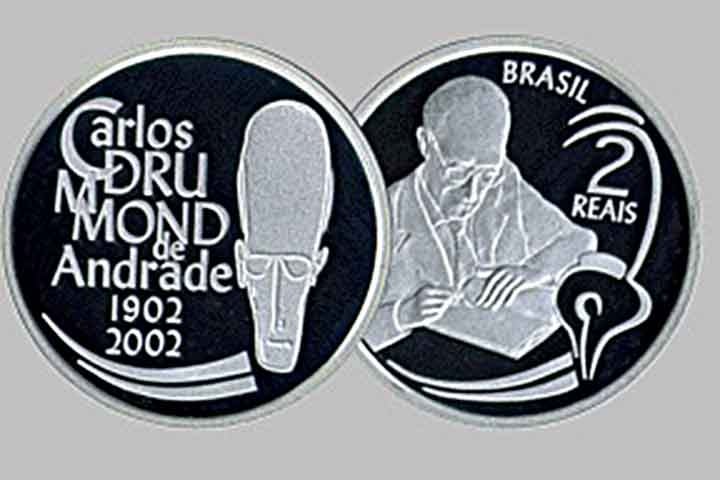 2002: Moeda Comemorativa do Centenário de Carlos Drummond de Andrade. Foram fabricadas 20 mil unidades de R$ 2. Reprodução: Flipar