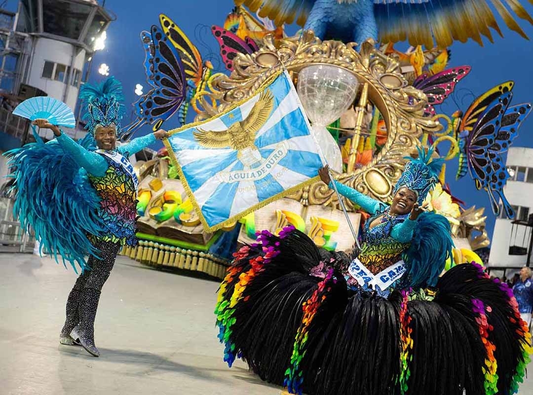 Meneio seria a forma de conduzir com elegância a porta- bandeira, enquanto mesuras é quando o mestre sala faz uma menção de reverência para a porta bandeira. Além disso, torneados é quando o mestre sala gira em torno do próprio pé e meia volta quando gira a 180 graus ao redor da porta-bandeira. Reprodução: Flipar