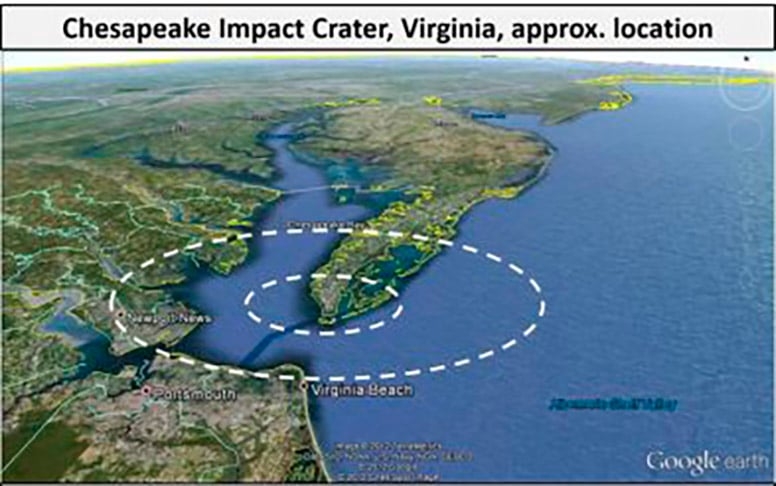 Virginia (EUA) - A Cratera da Baía de Chesapeake foi formada há 35 milhões de anos.  Somente em 1983 pesquisadores descobriram que a baía havia sido criada pela ação de um asteroide. Em 1984, durante a exploração de petróleo, ficou constatado que há trechos de mais de 1 km de profundidade.  Reprodução: Flipar