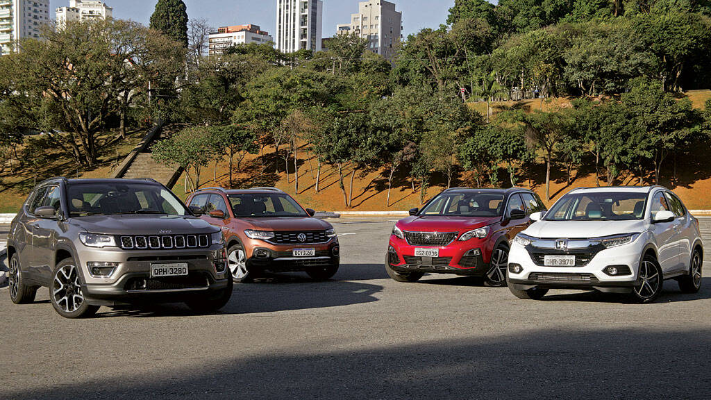 Jeep Compass vs Honda HR-V vs VW T-Cross vs Peugeot 3008. Foto: Roberto Assunção