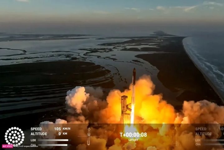 Em março de 2024, a SpaceX conseguiu seu melhor resultado em mais um voo teste da Starship. Foi a terceira tentativa de decolagem da nave. Reprodução: Flipar
