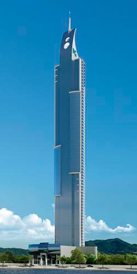  No momento, o maior é o One Tower (foto), inaugurado em dezembro de 2022. Ele tem 290 metros de altura, com 84 andares, sendo 4 destinados ao lazer.  Em seguida, há o Yachthouse, com 281m Reprodução: Flipar