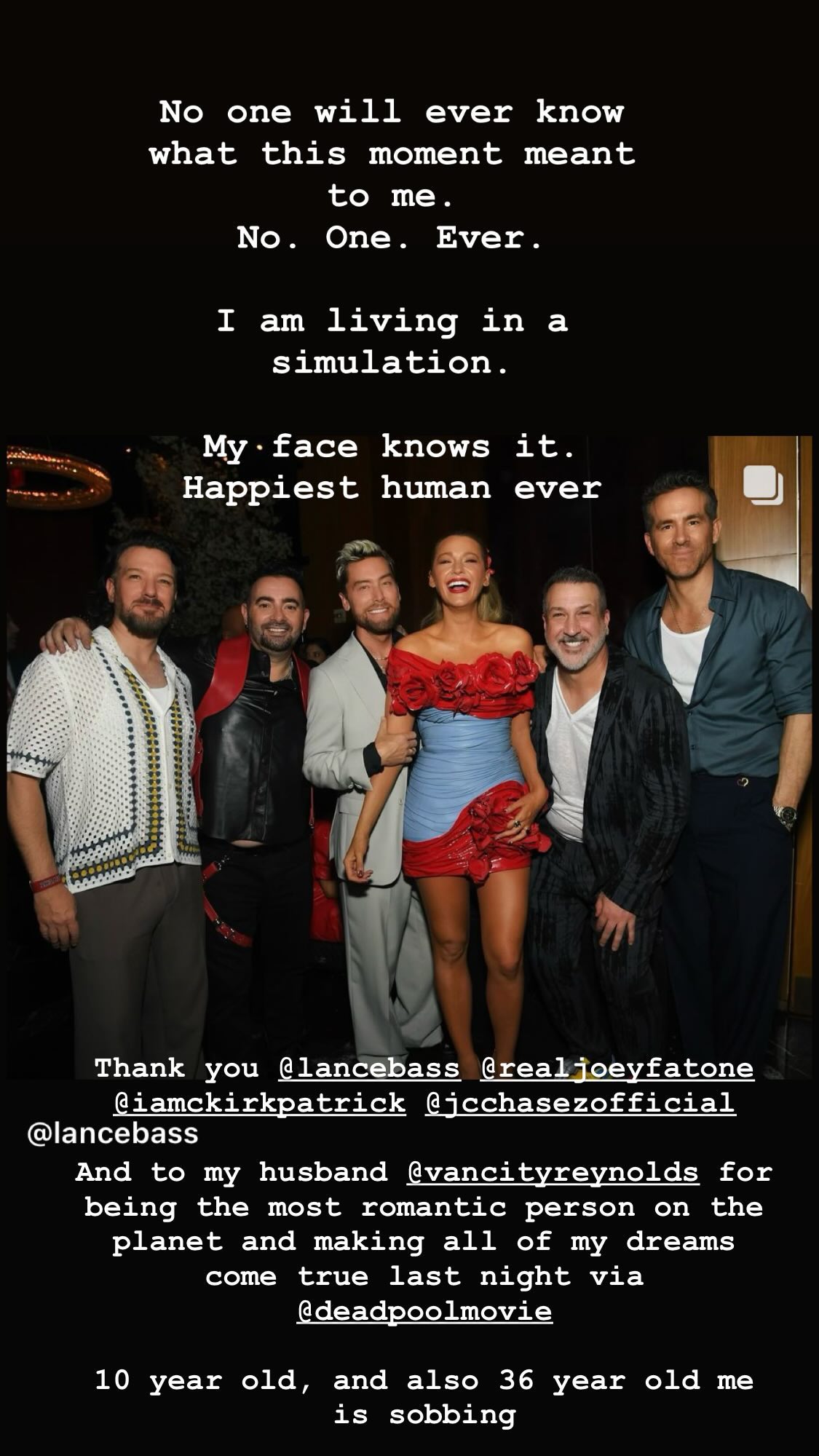 Blake Lively comemora encontro com NySync em evento de Deadpool & Wolverine Reprodução/Instagram