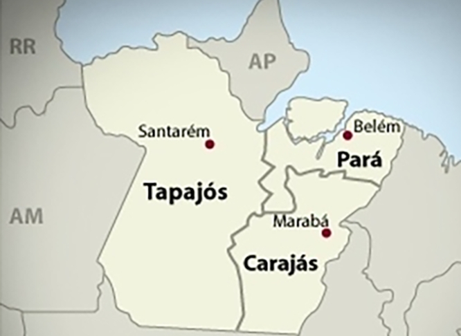 Pelo projeto, o Pará seria reduzido à parte nordeste, mantendo a capital Belém. No oeste ficaria Tapajós, com 28 municípios e capital Santarém. Ocuparia 58% do atual território paraense. E no sul, Carajás, com 39 municípios e capital Marabá. Reprodução: Flipar