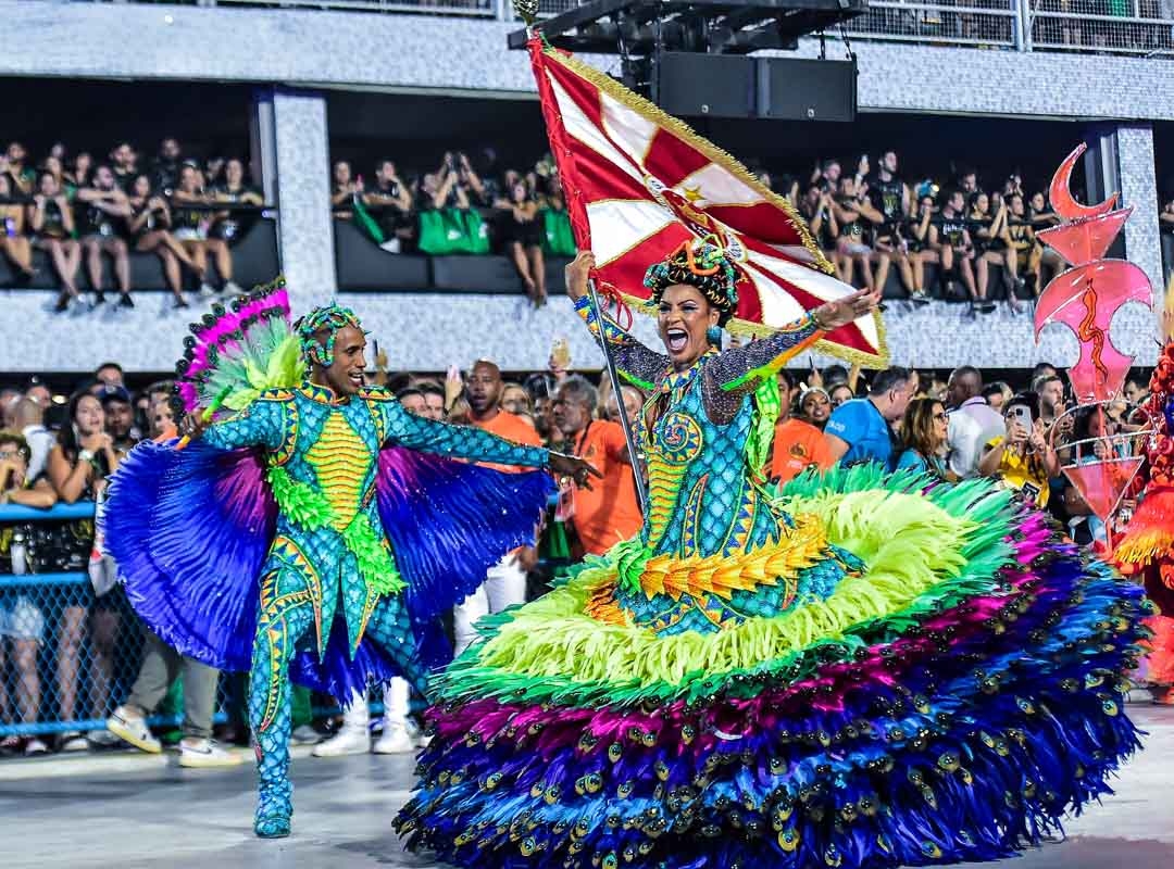 Com o passar dos anos, portanto, o casal passou a utilizar fantasias com ligação direta ao enredo. Eles fazem parte da história que está sendo contada e os materiais variam de acordo com os temas de cada escola, assim como as cores. Um exemplo é a Viradouro, campeã de 2024, que falou sobre o culto ao Vodum Serpente e trouxe a roupa do casal nas cores do animal retratado.  Reprodução: Flipar