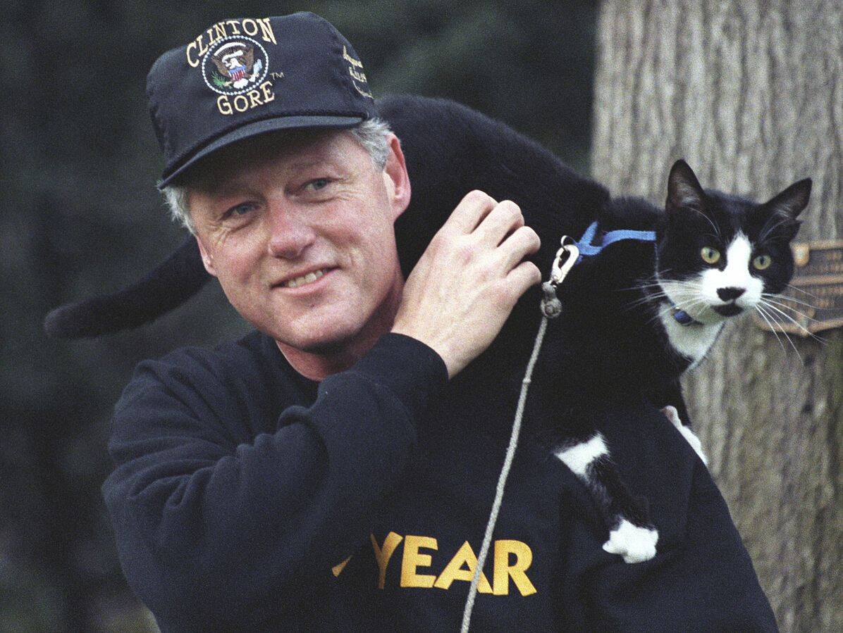 Bill Clinton passeando com o gatinho de estimação nos ombros. Foto: The U.S. National Archives