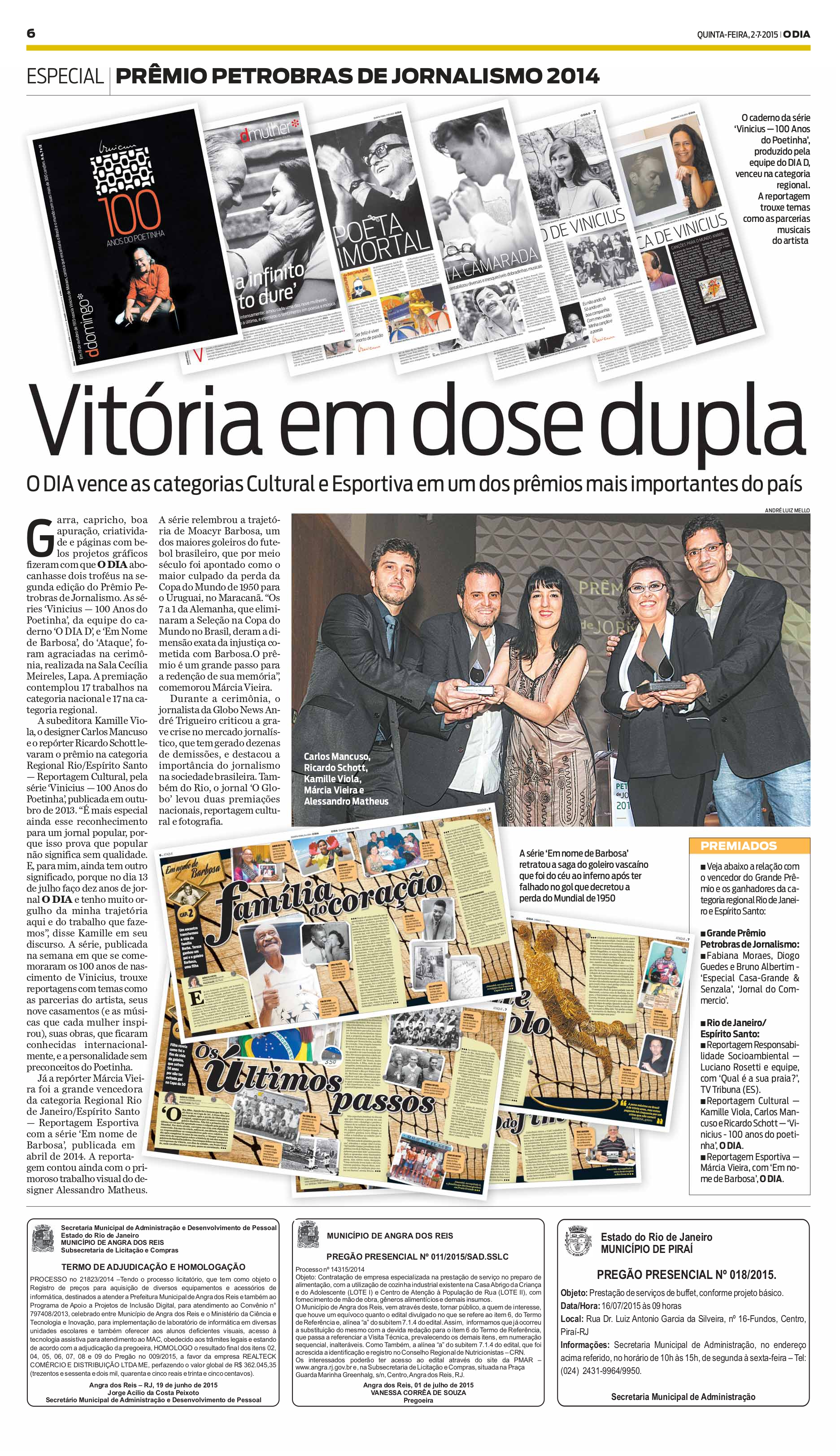 Equipe de ODIA condecorada com o Prêmio Petrobras de Jornalismo, nas categorias Cultural e Esportiva. Foto: Reprodução