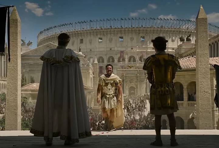 Em cartaz nos cinemas brasileiros desde o dia 14 de novembro, “Gladiador 2” tem como vilões dois irmãos imperadores. São eles Caracalla, personagem de Fred Hechinger, e Geta, vivido por Joseph Quinn. 
 Reprodução: Flipar