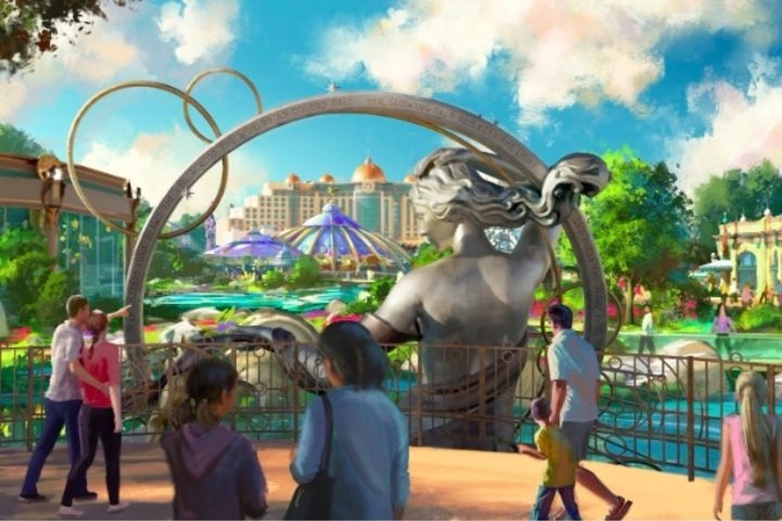 Outra das áreas principais do Universal Epic Universe é o Celestial Park, que conta com jardins temáticos e interativos, grandes espaços para caminhadas e construções com inspiração em elementos astronômicos e mitológicos.
 Reprodução: Flipar