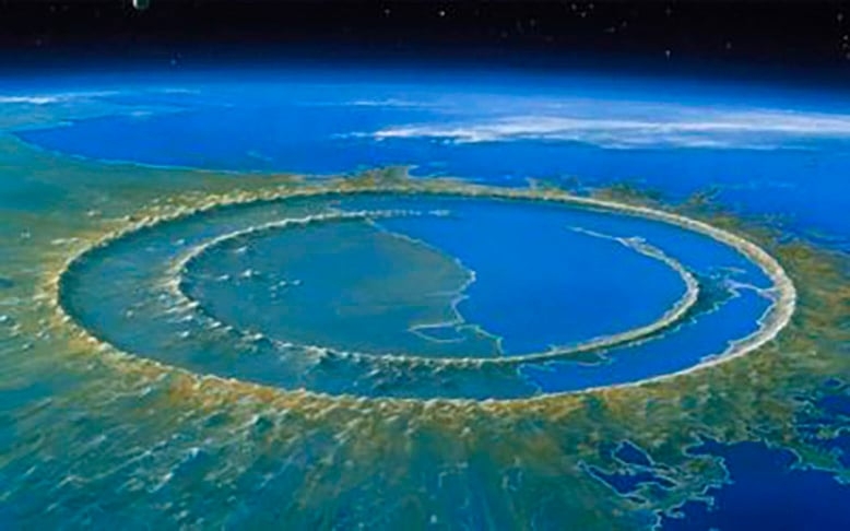 Yucatán (México) - A Cratera de Chicxulub foi formada há 65 milhões de anos, justamente pelo evento que provocou a extinção dos dinossauros na Terra. Ela tem 180 km de diâmetro. Foi descoberta durante exploração em busca de petróleo.  Estima-se que o asteroide que a provocou tivesse 16 km de diâmetro. Reprodução: Flipar