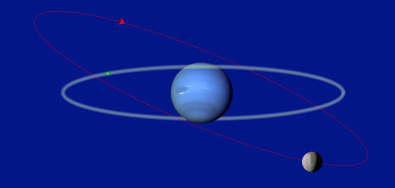 Tritão é uma lua gelada, única por ter uma órbita retrógrada, indicando que pode ter sido capturada por Netuno. Sua distância média da Terra é de cerca de 4,3 bilhões de quilômetros. Reprodução: Flipar