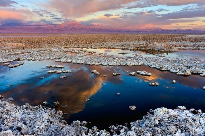 Há salares (como o Salar de Atacama), formações rochosas impressionantes, gêiseres (Gêiseres de El Tatio), e até áreas com pequenas lagunas. Reprodução: Flipar
