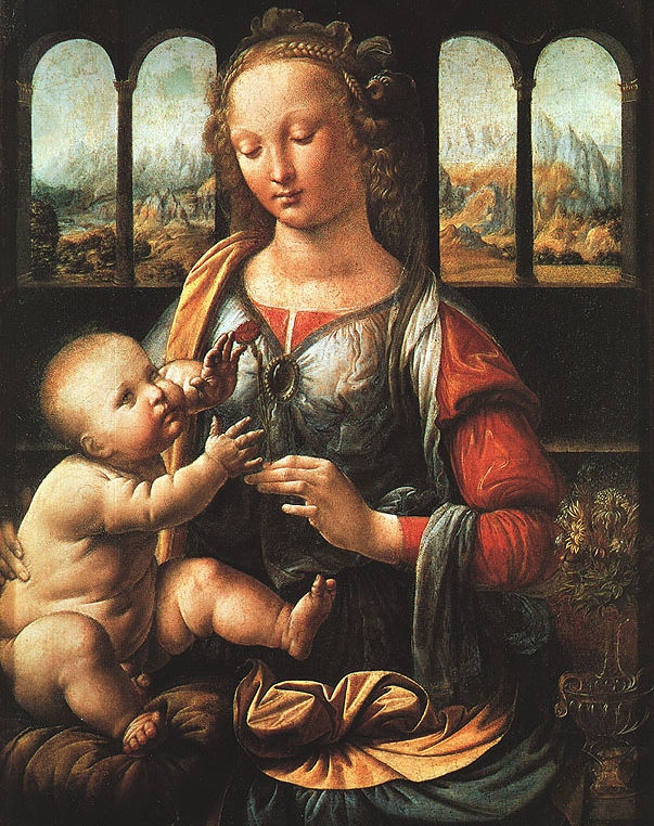 Outro exemplo é a Madona do Cravo, também conhecida como Madonna del Garofano, uma pintura a óleo sobre painel de autoria do renomado artista italiano Leonardo da Vinci. Reprodução: Flipar