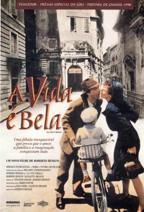 A vida é bela (1997): Filme italiano dirigido e estrelado por Roberto Benigni, foi premiado pelo o Festival de Cannes em 1998, e ganhou três Oscars: melhor filme estrangeiro, melhor ator e melhor trilha sonora para um filme dramático. Reprodução: Flipar