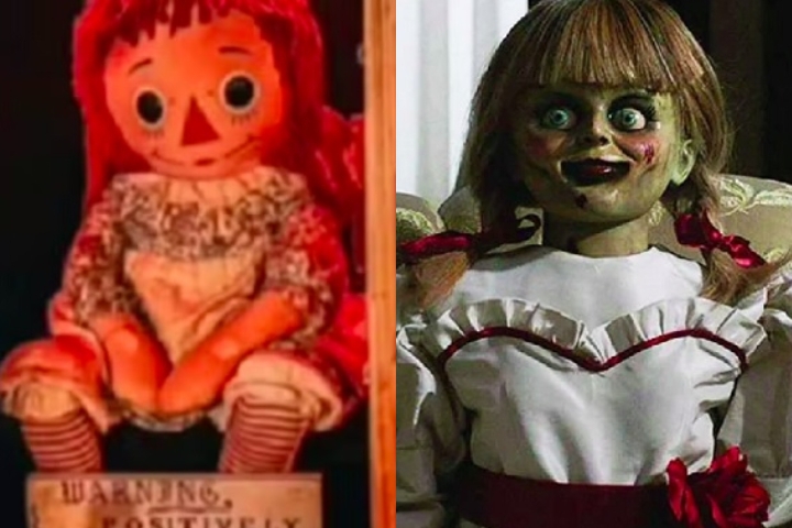 Uma curiosidade é que a verdadeira Annabelle é uma boneca de pano com cabelo de lã vermelha e um rosto amigável, bem diferente da versão de porcelana com aparência sinistra retratada nos filmes.  Reprodução: Flipar