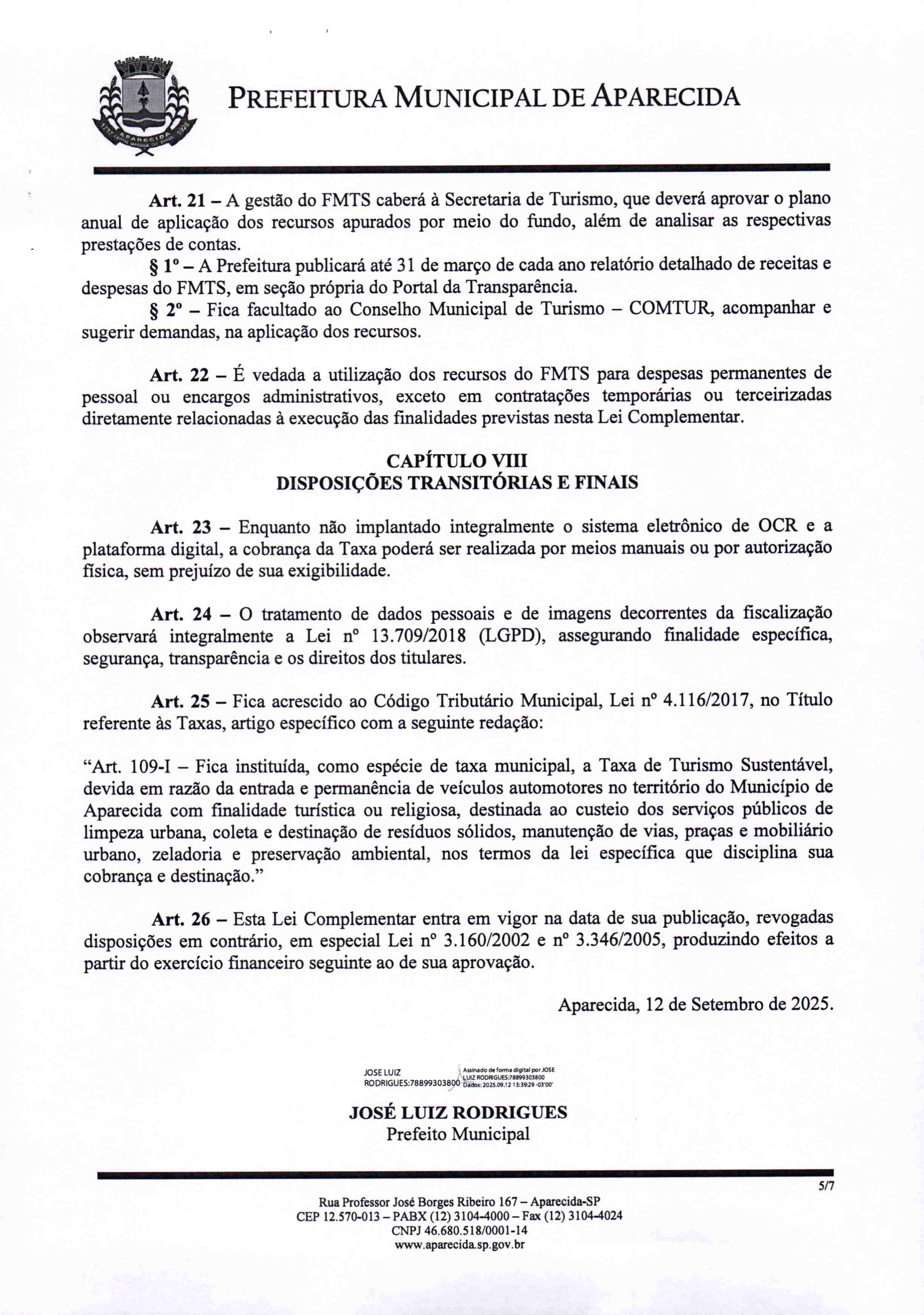 6- Projeto de Lei Complementar nº 004/2025 que cria a Taxa de Turismo Sustentável em Aparecida (SP). Foto: Prefeitura de Aparecida