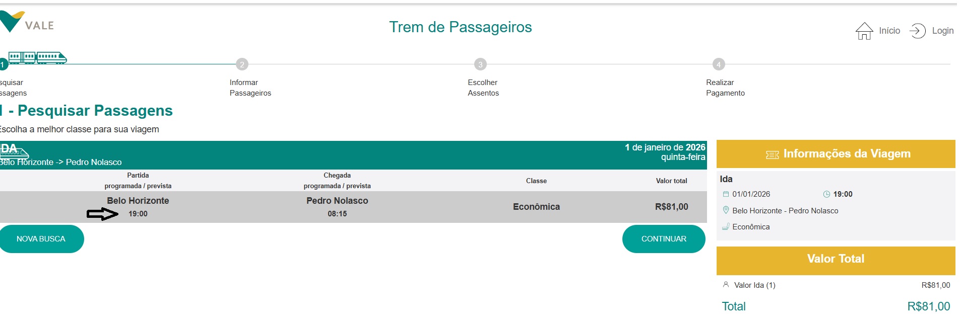 Passagens trem noturno classe econômica. Foto: Reprodução site da Vale