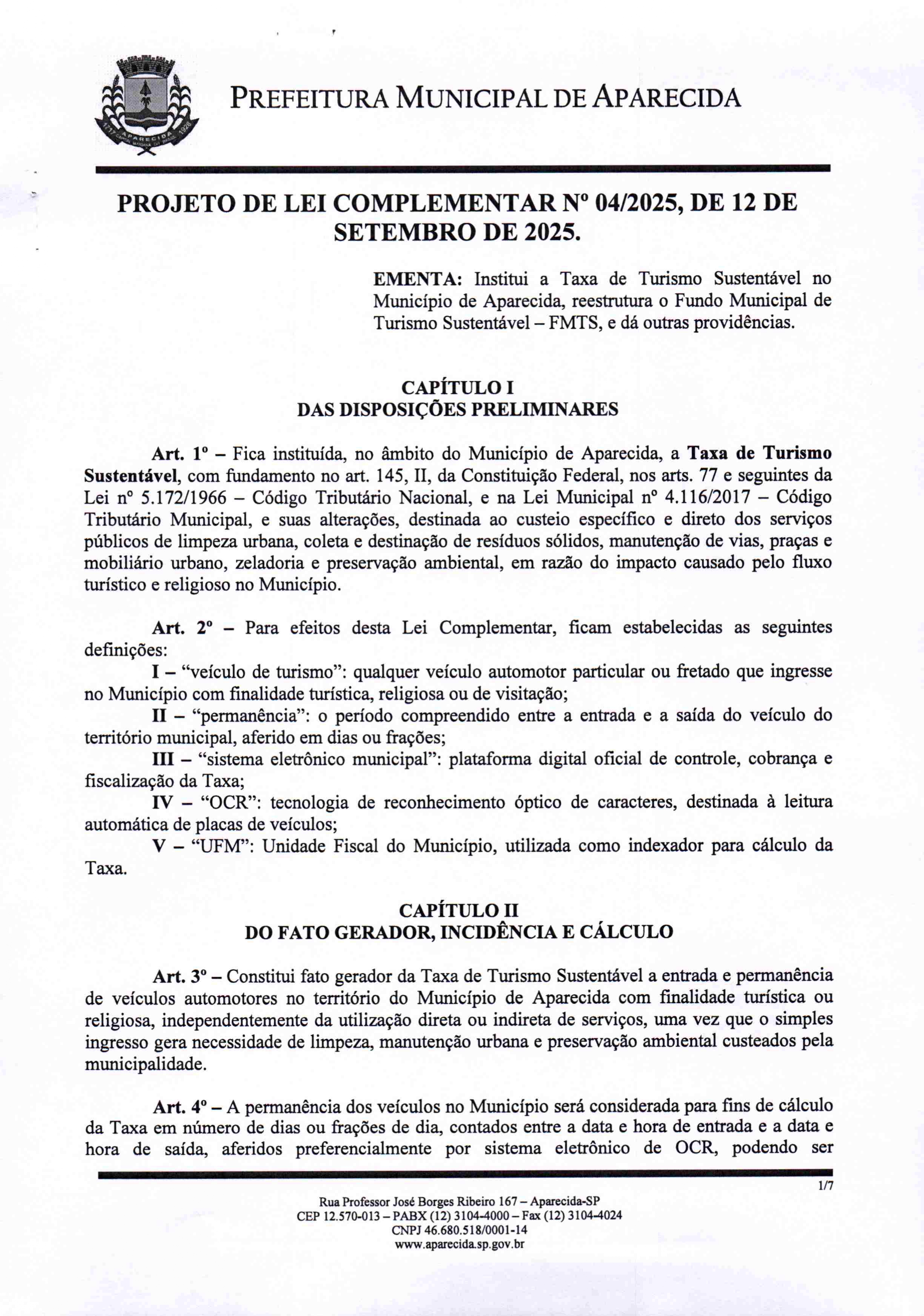2- Projeto de Lei Complementar nº 004/2025 que cria a Taxa de Turismo Sustentável em Aparecida (SP). Foto: Prefeitura de Aparecida